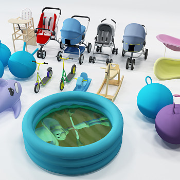 H05-0724儿童充气泳池鲨鱼玩具儿童推车婴儿车浴盆摇椅脚踏车3d模型下载