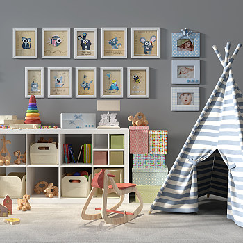 H03-0724现代儿童房装饰柜帐篷玩具儿童挂画画身高测量标尺3d模型下载