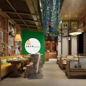 Z01-062混搭美式工业新中式特色餐厅高靠背沙发罗汉床卡座吊篮藤蔓植物花艺