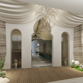 Z22-0629新疆伊斯兰阿拉伯餐厅门厅绵阳雕塑植物景观造景陶罐仙人掌