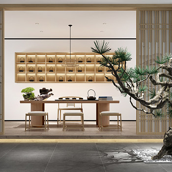 Z04-0401新中式茶室茶桌椅茶具松树植物景观