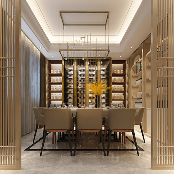 H01-0612现代新中式别墅餐厅玻璃酒柜餐桌椅