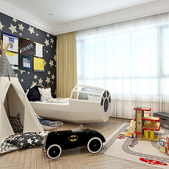 H02-0724现代儿童房床帐篷太空船床玩具车3d模型下载