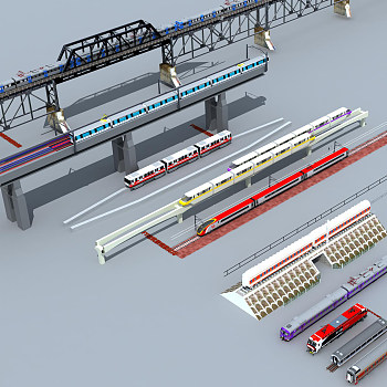 03高铁轻轨地铁高架桥轨道列车3D模型下载