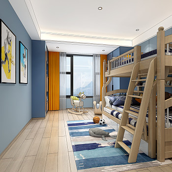 H24-0711现代地中海儿童房上下床铺摇椅3d模型下载