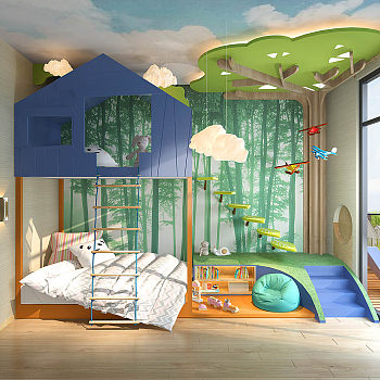 Z01-0510现代丛林主题儿童房上下床软梯树造型