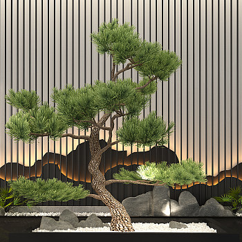 H94-0629中式迎客松盆景中式景观植物石头鹅卵石山形状片墙