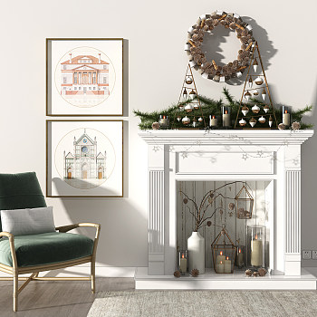 Z05-0708欧式法式壁炉圣诞饰品摆件休闲椅子挂画3d模型下载