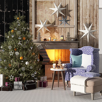 Z06-0708美式欧式单人沙发圣诞树饰品壁炉礼品盒3d模型下载