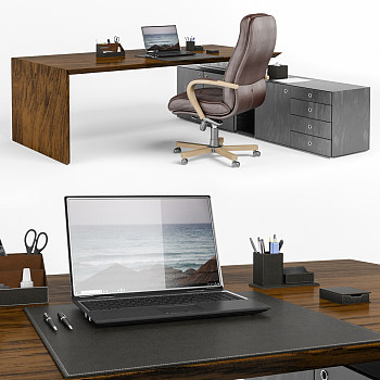 H46-0710现代老板台老板椅办公椅转椅办公桌笔记本电脑笔筒3d模型下载
