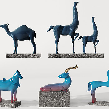 Z23-0709新中式蓝色陶瓷马鹿骆驼雕塑摆件饰品3d模型下载
