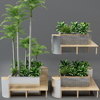 H13-0727现代商场景观座椅花池花坛植物椰子树3d模型下载
