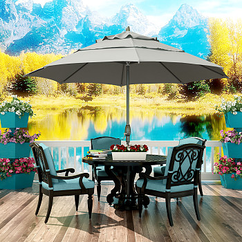 H12-0724欧式景观阳台桌椅子遮阳伞花池3d模型下载