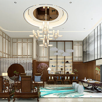 Z16-0505新中式古典奢华办公室书房沙发茶几茶桌椅茶具摆件水景 (1)