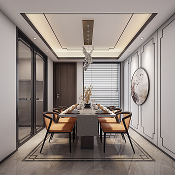 Z01-0723新中式样板间餐厅玻璃推拉门抽象水晶吊灯餐桌椅3d模型下载