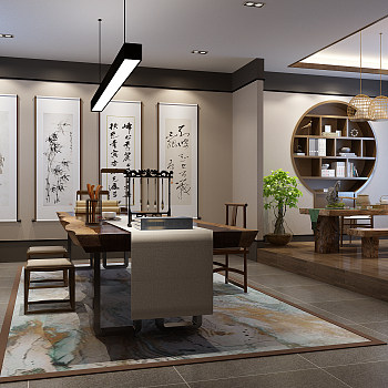 新中式书房茶室3d模型下载