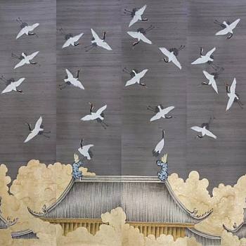 新中式日式仙鹤图案壁纸壁布彩绘手绘材质贴图下载a
