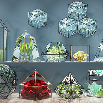 多肉五角玻璃花房阳台植物3d模型下载