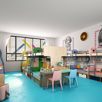 72幼儿园儿童休息室宿舍上下铺午休室学习桌椅3d模型下载