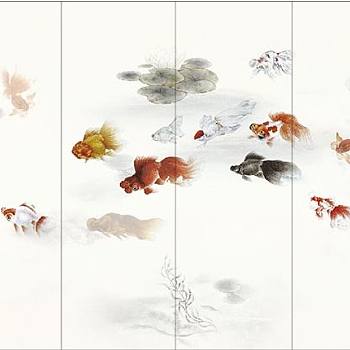 新中式荷花鱼图案壁画壁布背景画壁纸屏风画贴图a (11)