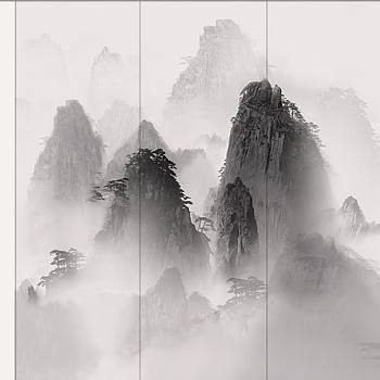新中式水墨山水壁画壁布壁纸墙纸屏风图案 (21)