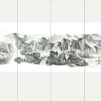 新中式水墨山水壁画壁布壁纸墙纸屏风图案a (10)