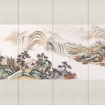新中式水墨山水壁画壁布壁纸墙纸屏风图案 (22)