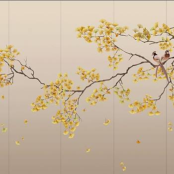 新中式花鸟银杏叶壁纸壁布壁画屏风画a (10)