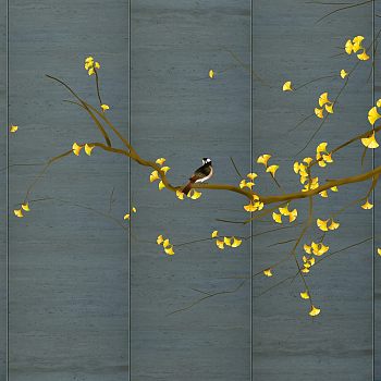 新中式花鸟银杏叶壁纸壁布壁画屏风画 (3)