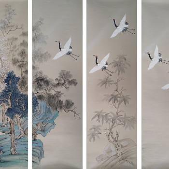 中式仙鹤图案壁纸壁画屏风画 (1)