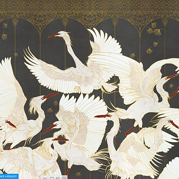 新中式日式仙鹤图案壁纸壁布彩绘手绘材质贴图下载 (3)